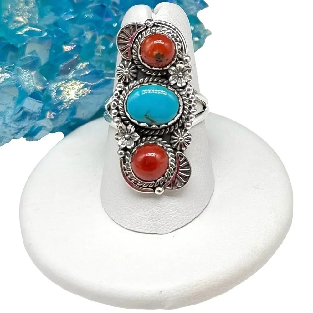 Kingman Turquoise Italian Red Coral Ring Size 7 Solid 925 Sterling Silver